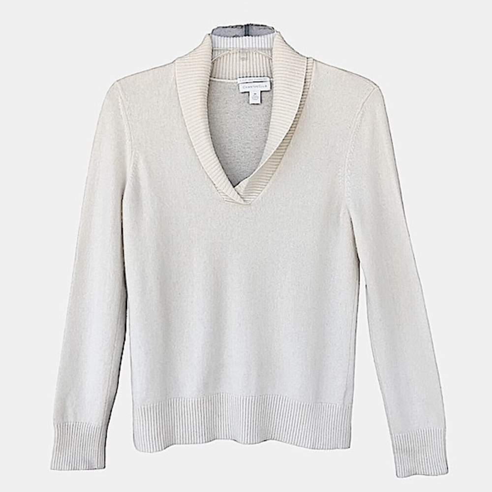 Charter Club 2-PLY Cashmere Shawl Neck Long Sleeve Light Ivory Top‎ M